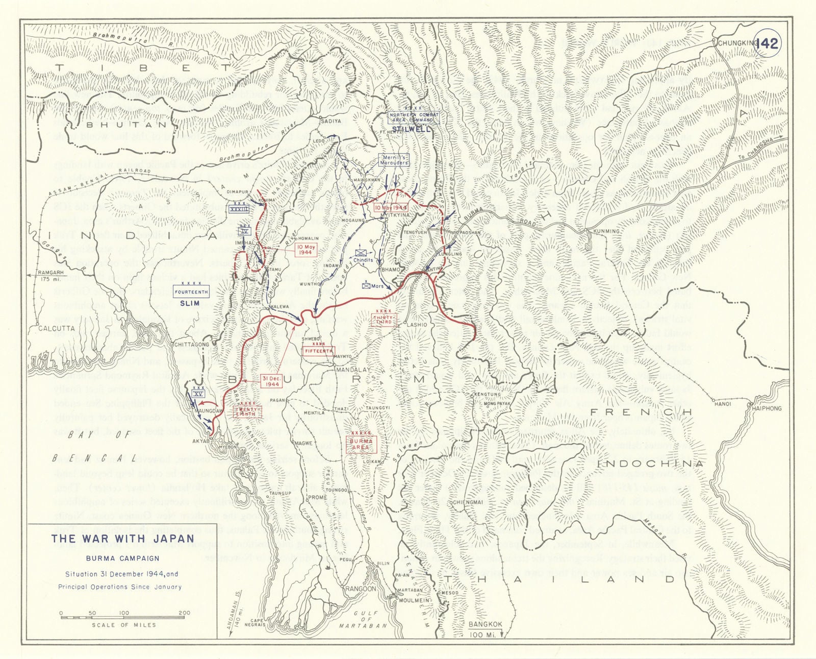 World War 2. Burma Campaign 1944 main operations. 31 December situation 1959 map